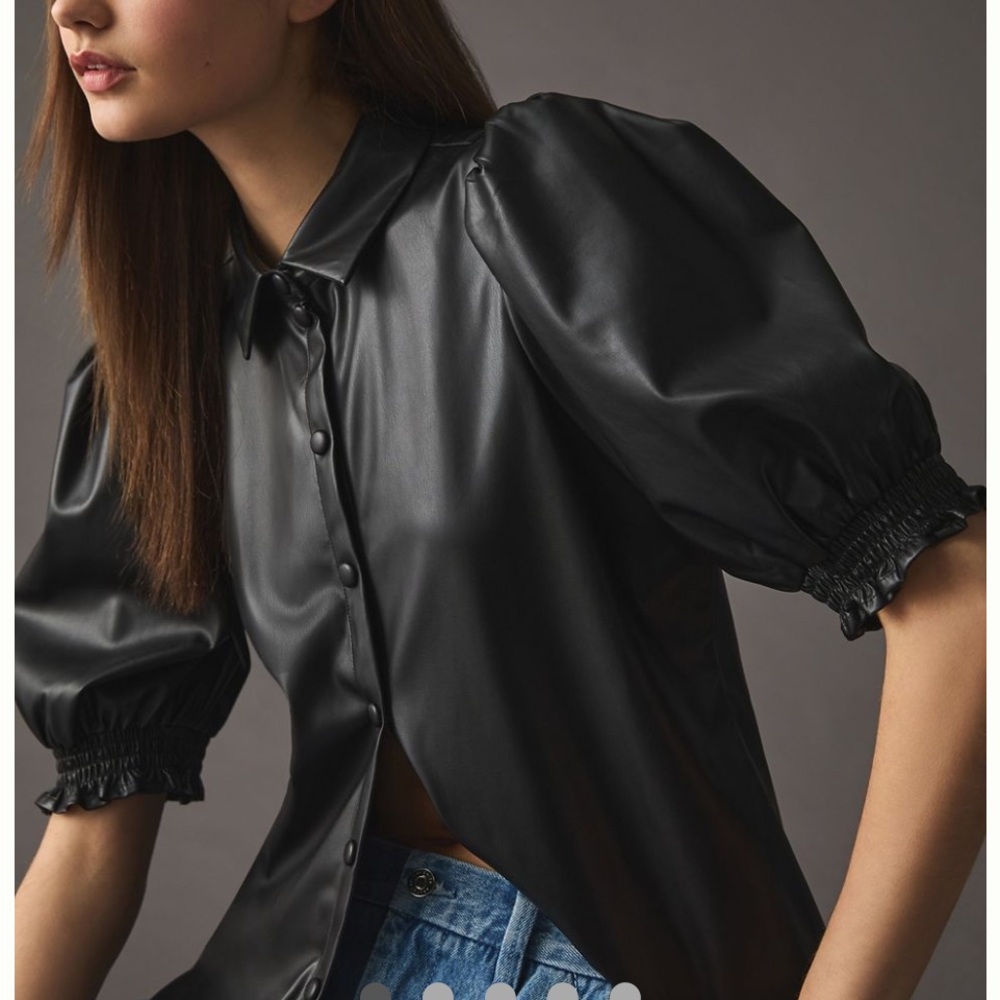 dolan Black Faux Leather Puff Sleeve Button-Down Shirt